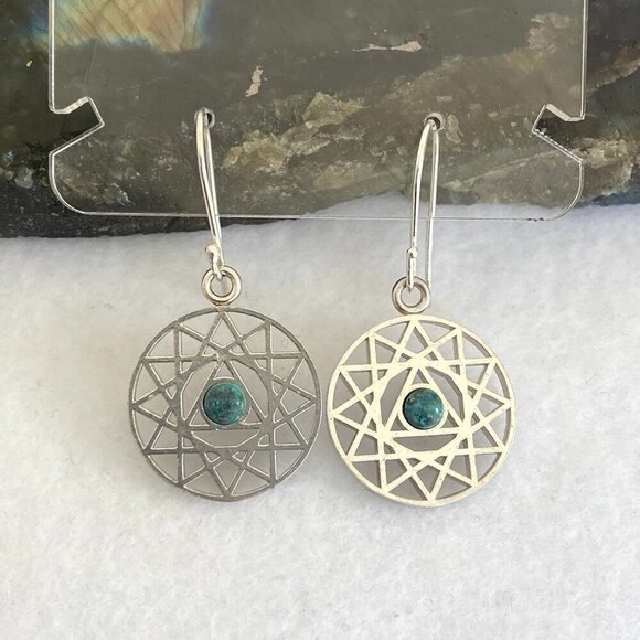 Sterling Silver Openwork Round Mandala Trinity Star Chrysocolla Dangle Earrings - Picture 1 of 16
